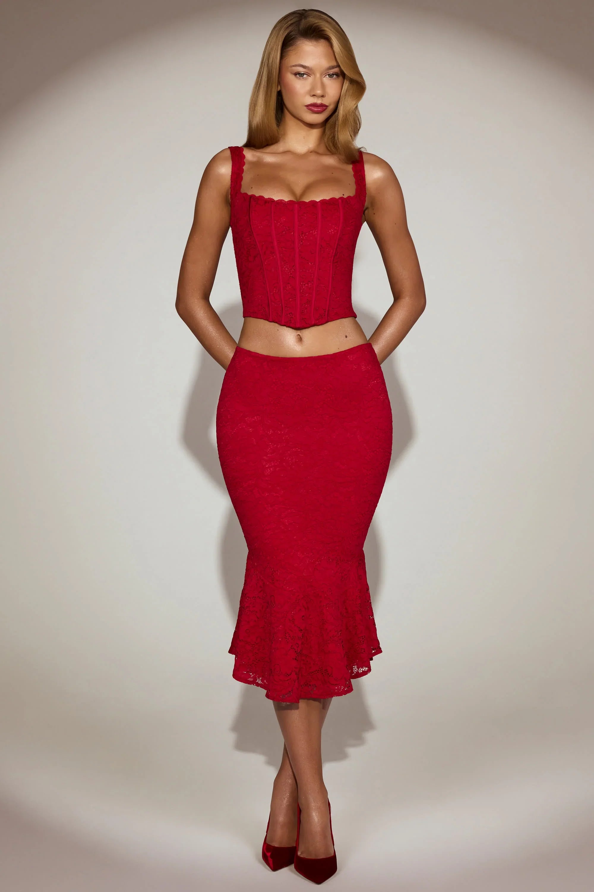 Lace Mid Rise Fluted Midi Skirt in True Red