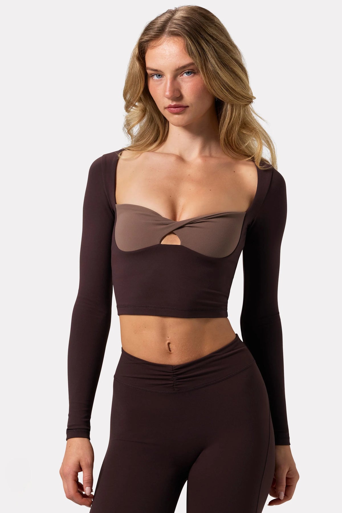 Soft Active Twist Front Crop Top in Espresso