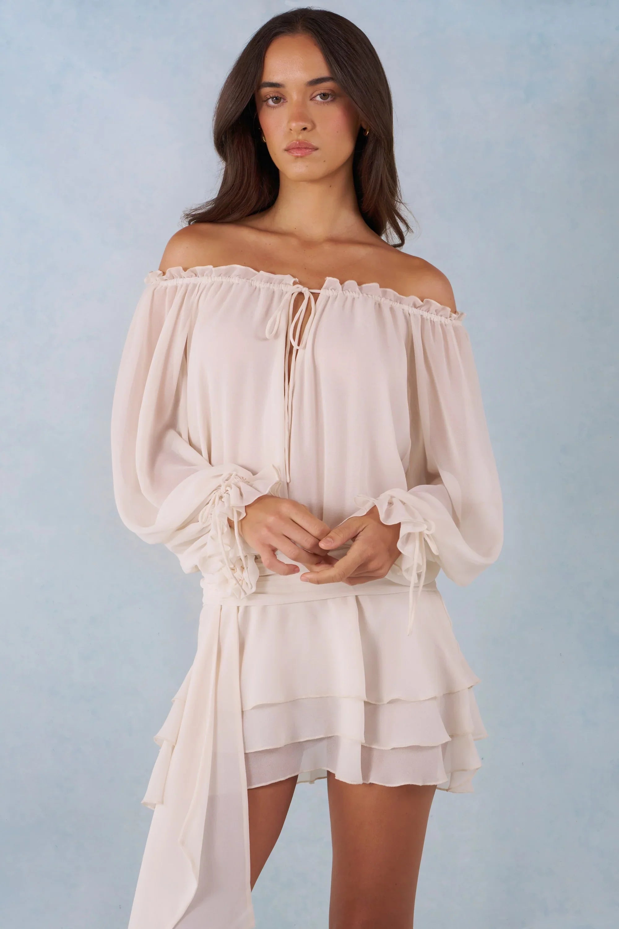 Off Shoulder Balloon Sleeve Mini Dress in Ivory