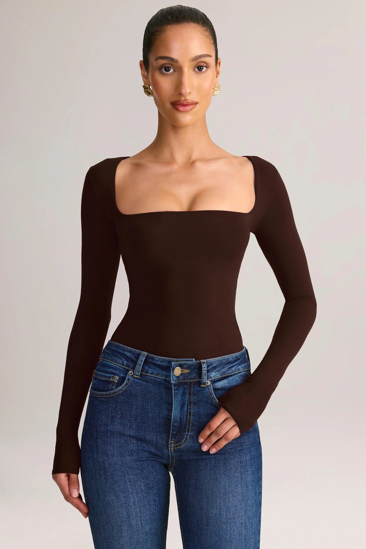 Modal Square Neck Long Sleeve Top in Chocolate Brown