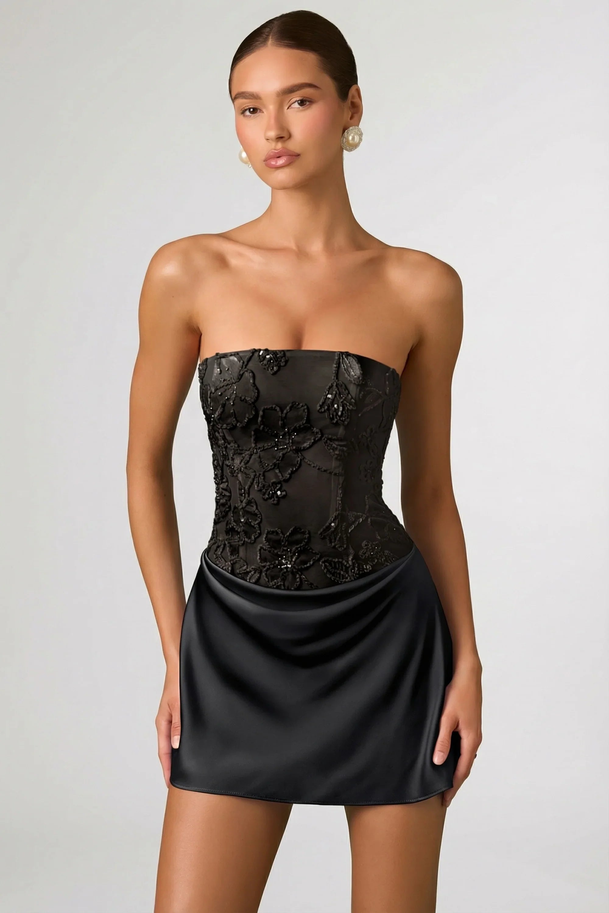 Embellished Draped Strapless A Line Mini Dress in Black