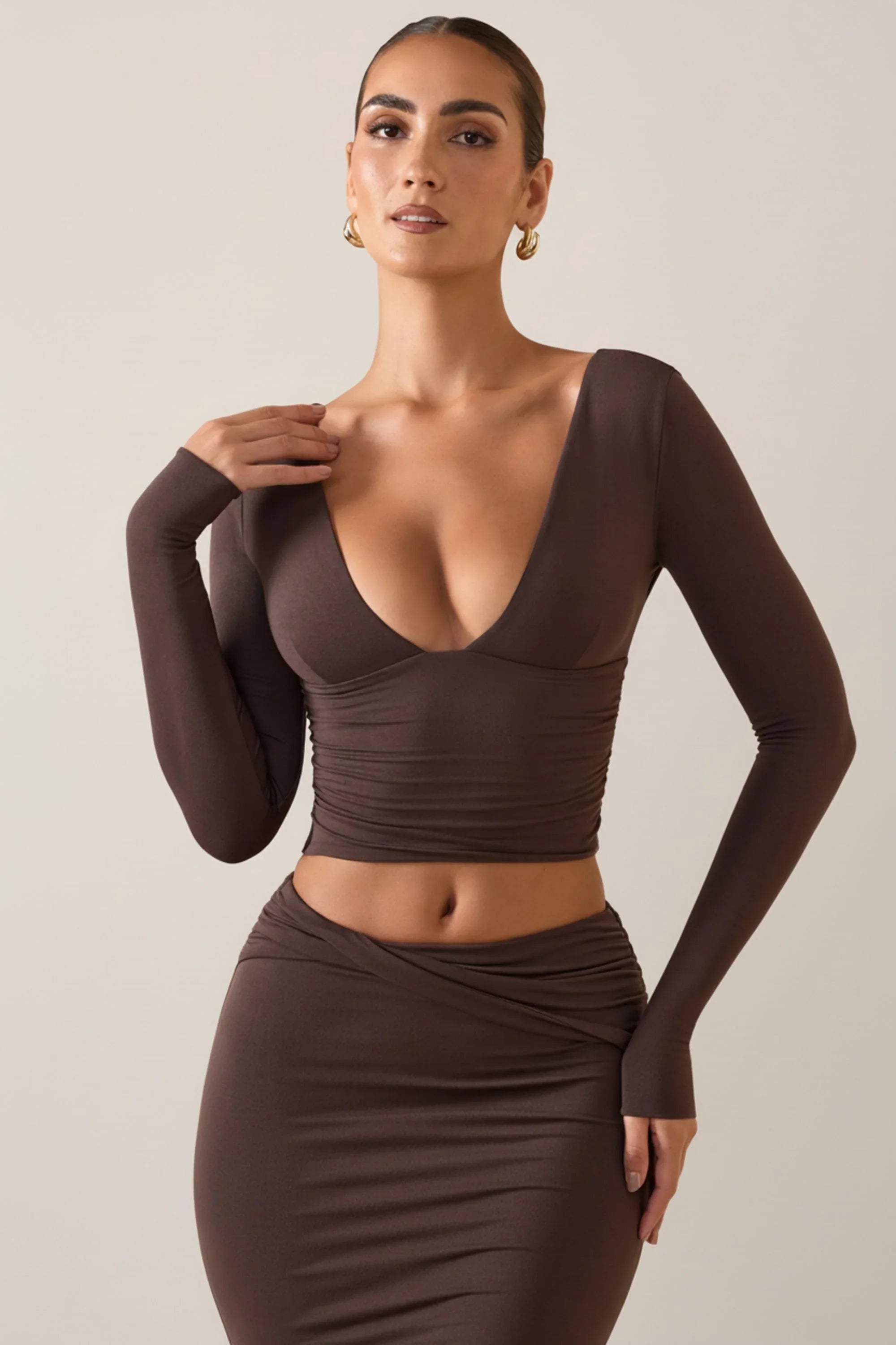 Modal Plunge Long Sleeve Top in Chocolate Brown