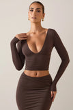 Modal Plunge Long Sleeve Top in Chocolate Brown