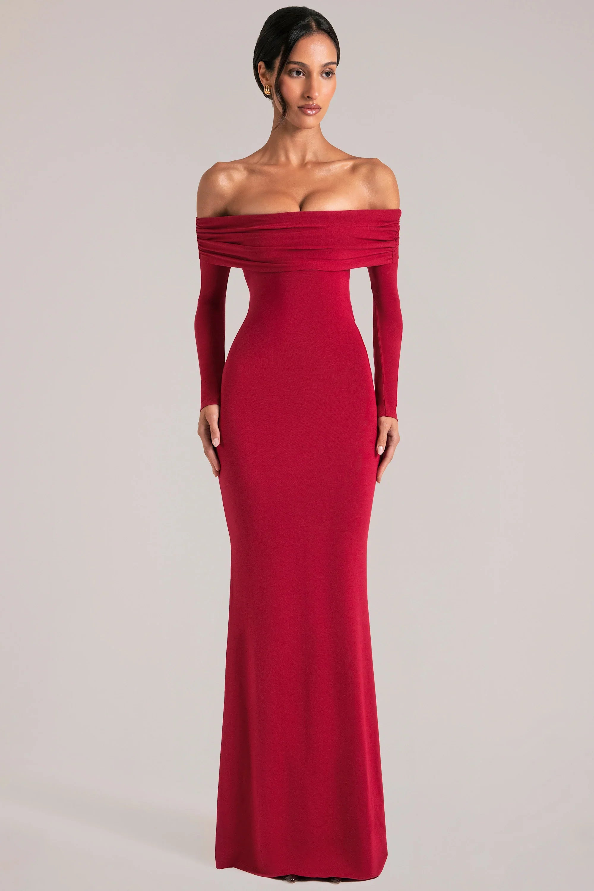 Off Shoulder Long Sleeve Maxi Dress in Cherry Red