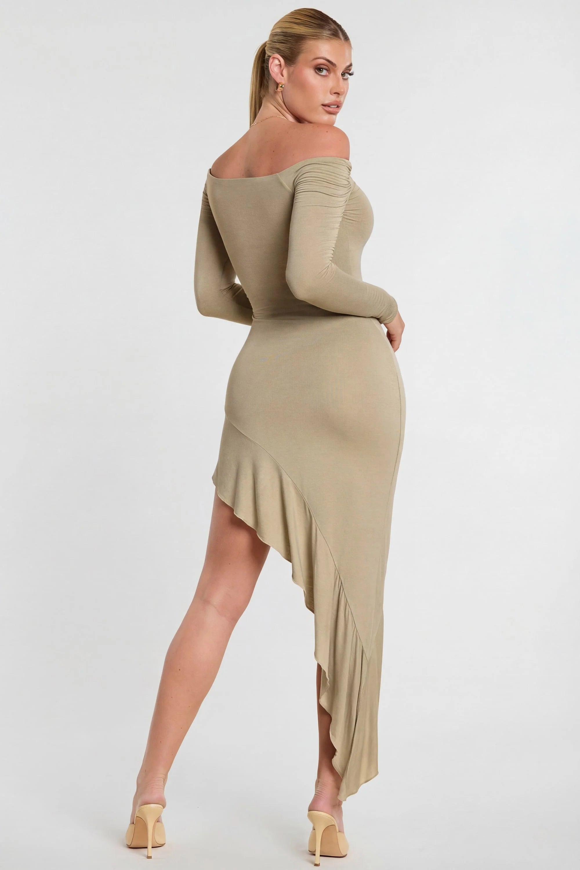 Long Sleeve Off The Shoulder Modal Cashmere Blend Maxi Dress in Taupe