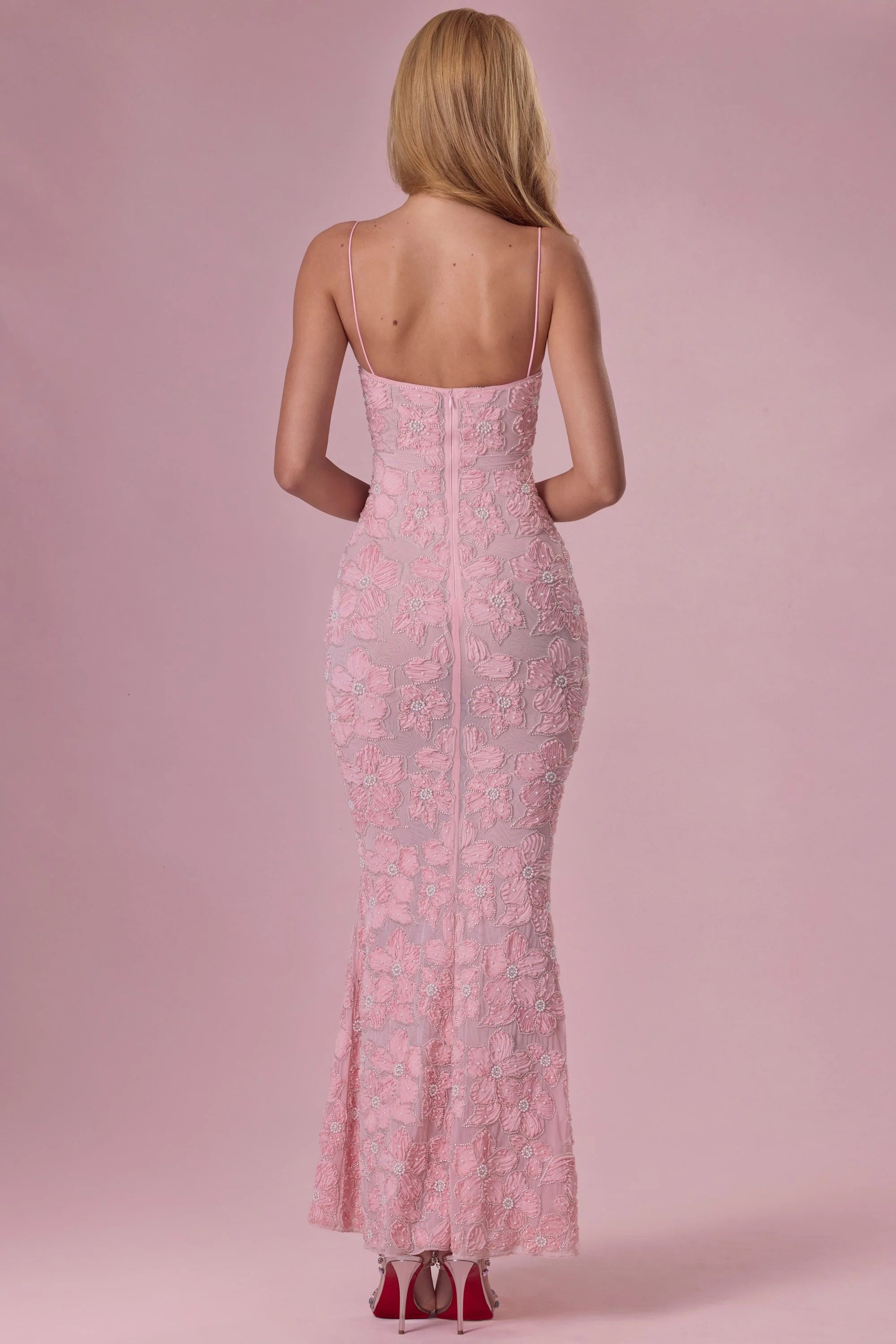 Embellished Square Neck Maxi Dress in Blush