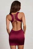 Scoop Neck Lace up Back Mini Dress in Wine Red