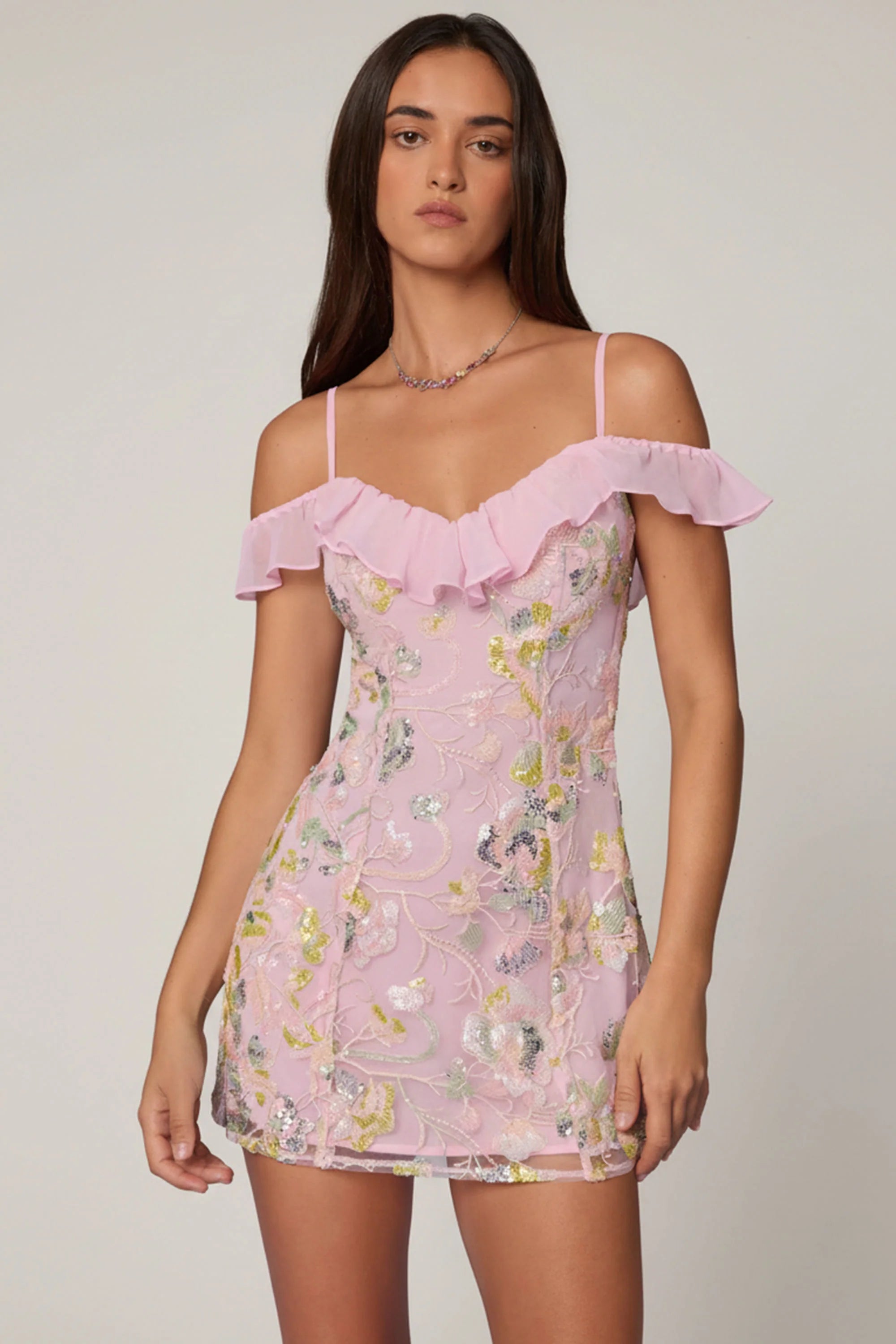 Embellished Lace Up A Line Mini Dress in Soft Pink