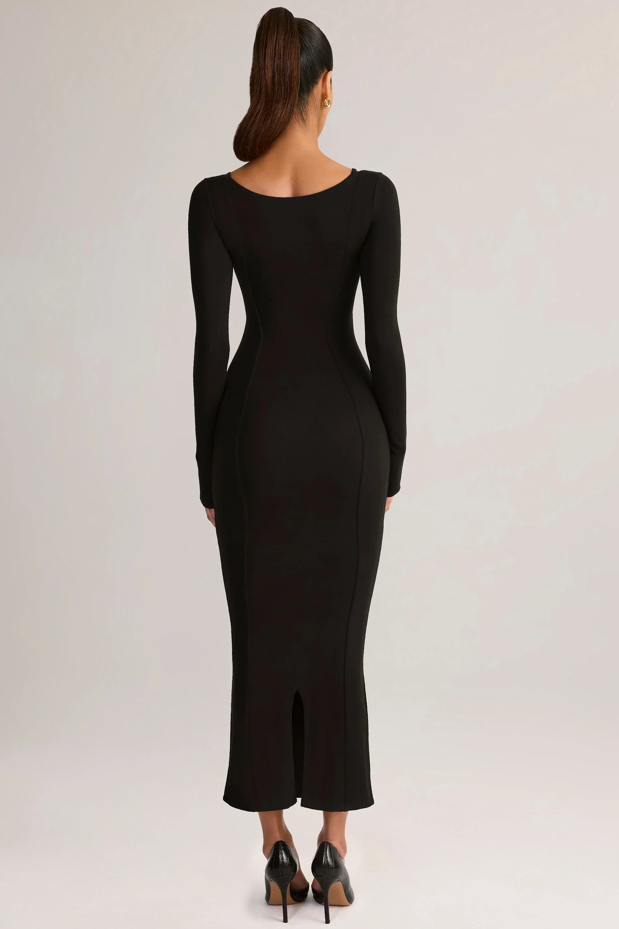 Modal Peekaboo Long Sleeve Midi Dress in Black