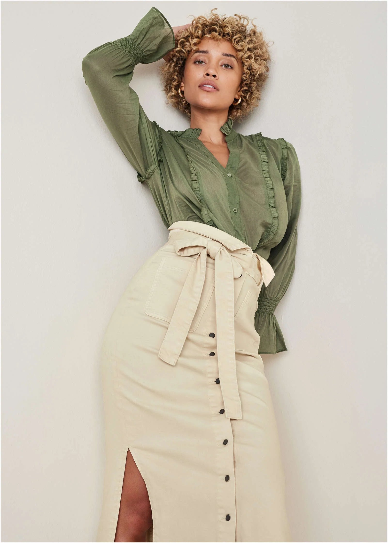 Color Denim Midi Skirt Cream