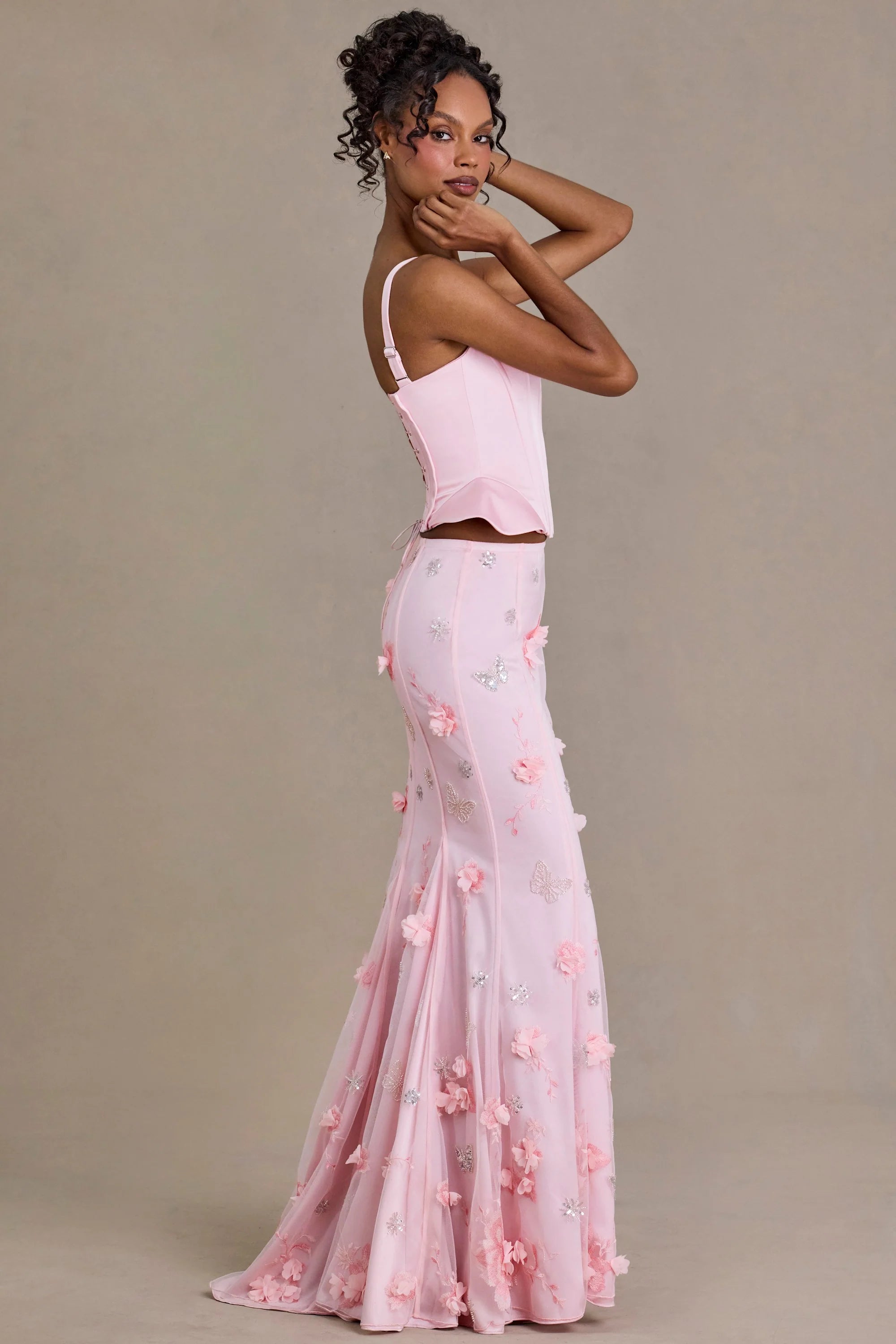 Satin Lace Up Corset Top in Baby Pink