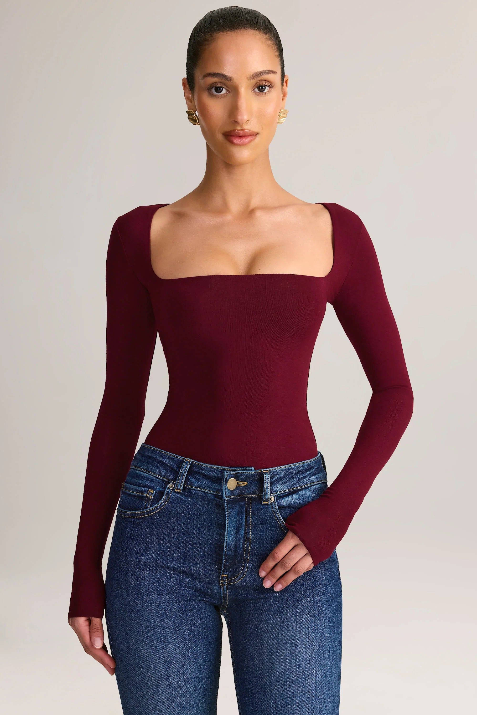 Modal Square Neck Long Sleeve Top in Wine