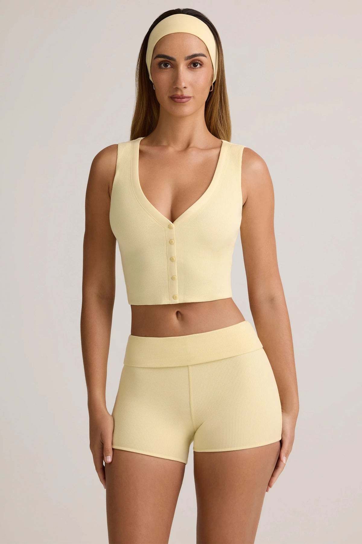 Modal Ribbed Button Up Vest Top in Buttercream Yellow