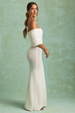 Bouclé Off Shoulder Maxi Dress in White