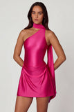 Asymmetric Scarf Detail Mini Dress in Hot Pink
