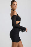 Off Shoulder Ruched Cut Out Mini Dress in Black