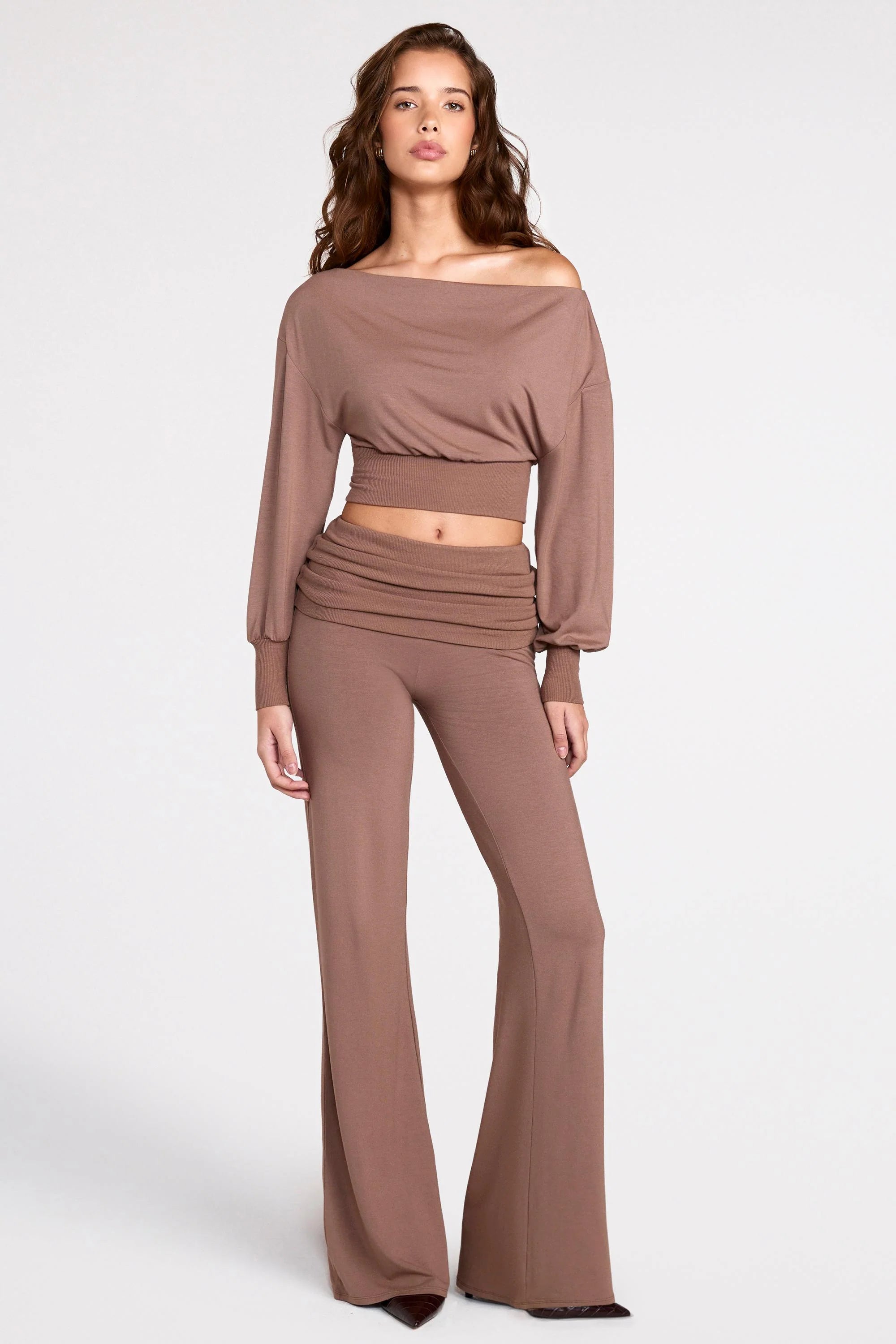 Modal Off Shoulder Long Sleeve Top in Mocha