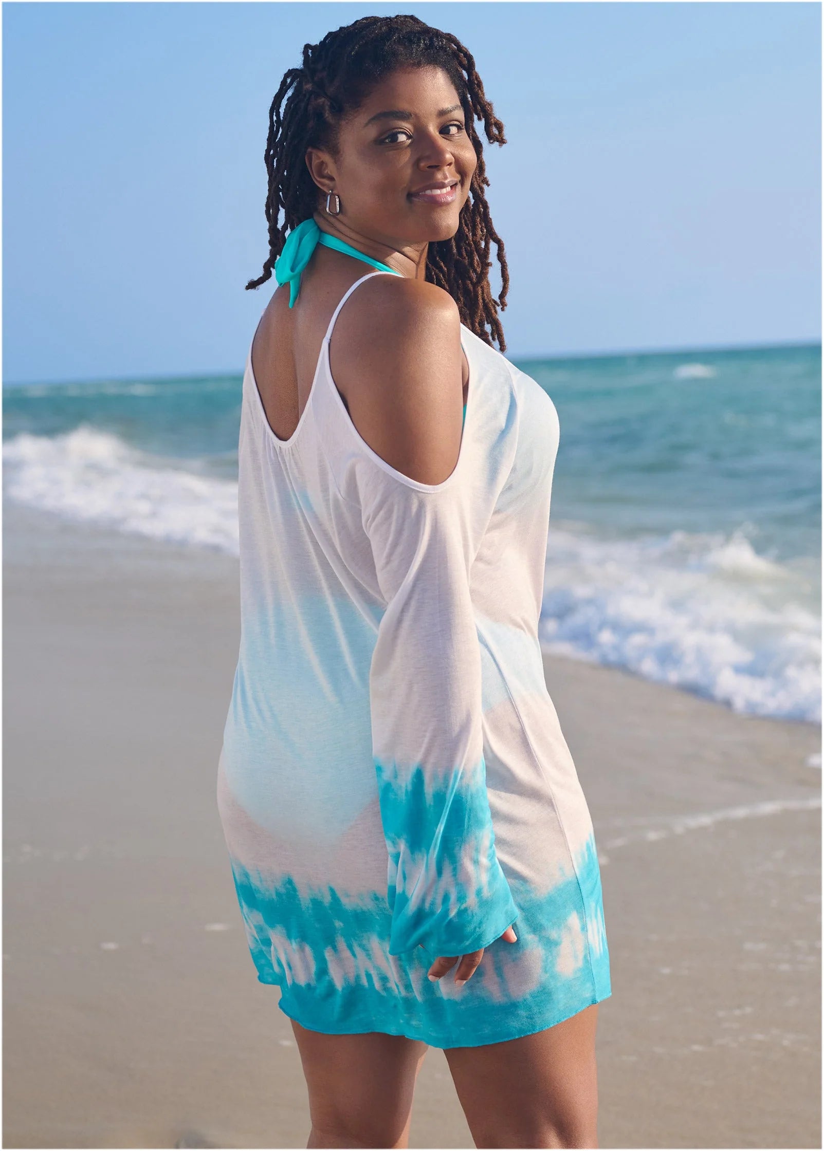 Cold Shoulder Cover Up Aqua White