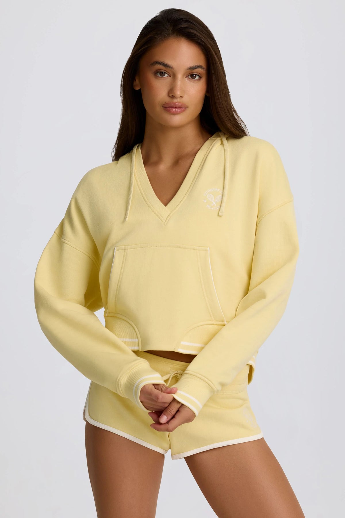 Cotton Jersey V Neck Hoodie in Lemon