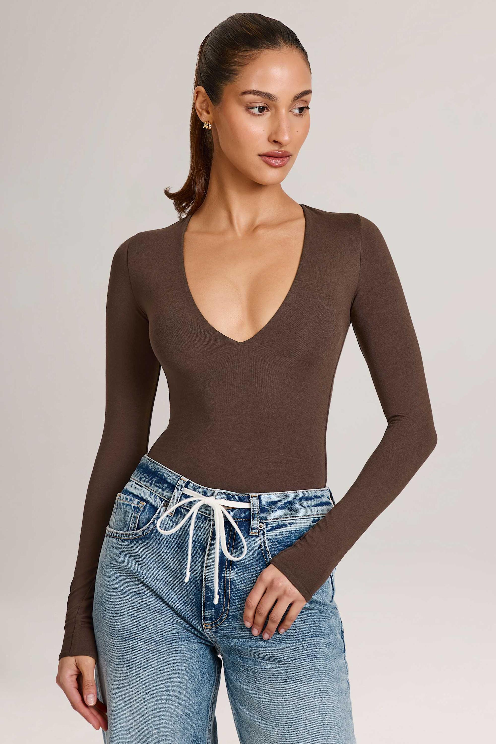 Modal Plunge Long Sleeve Bodysuit in Chocolate Brown