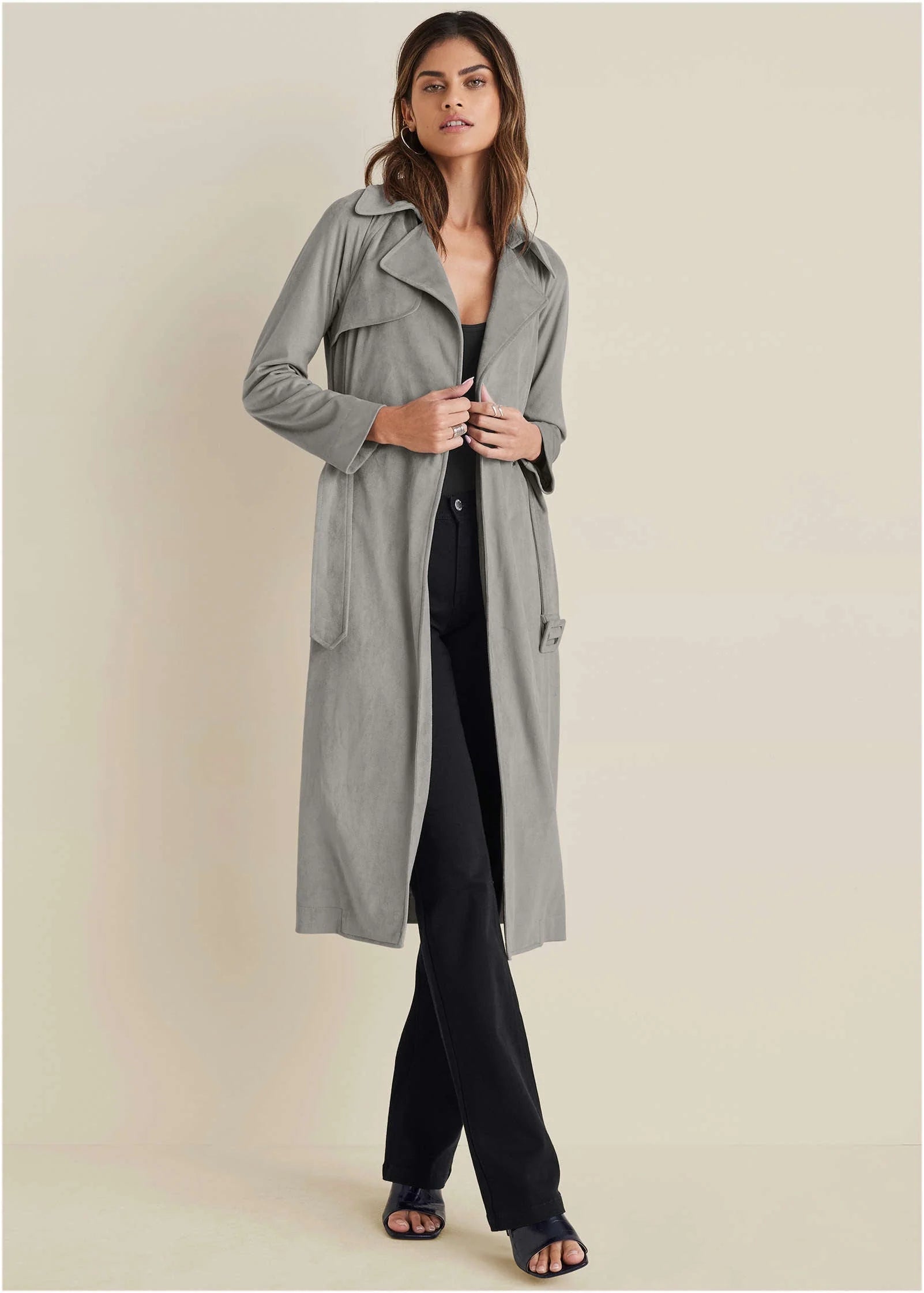 Faux Suede Trench Coat Grey