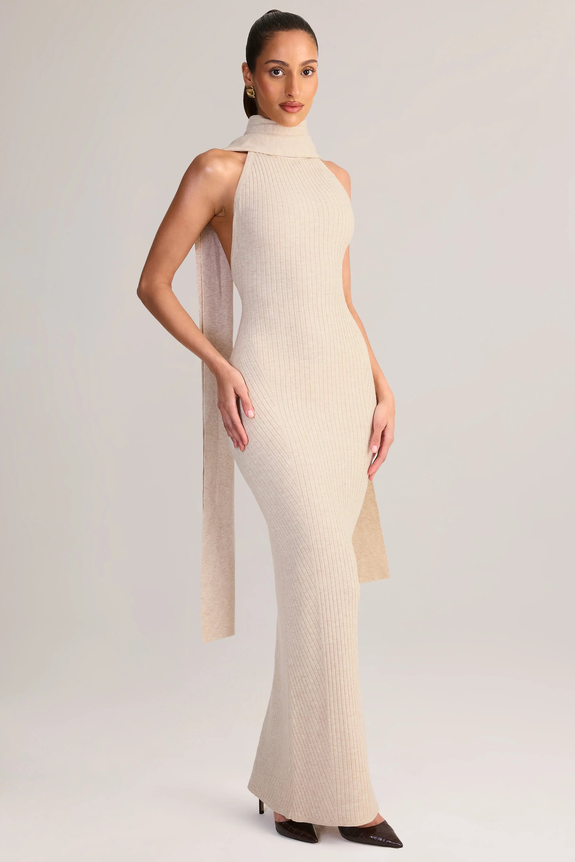Rib Knit Scarf Detail Halterneck Maxi Dress in Cream