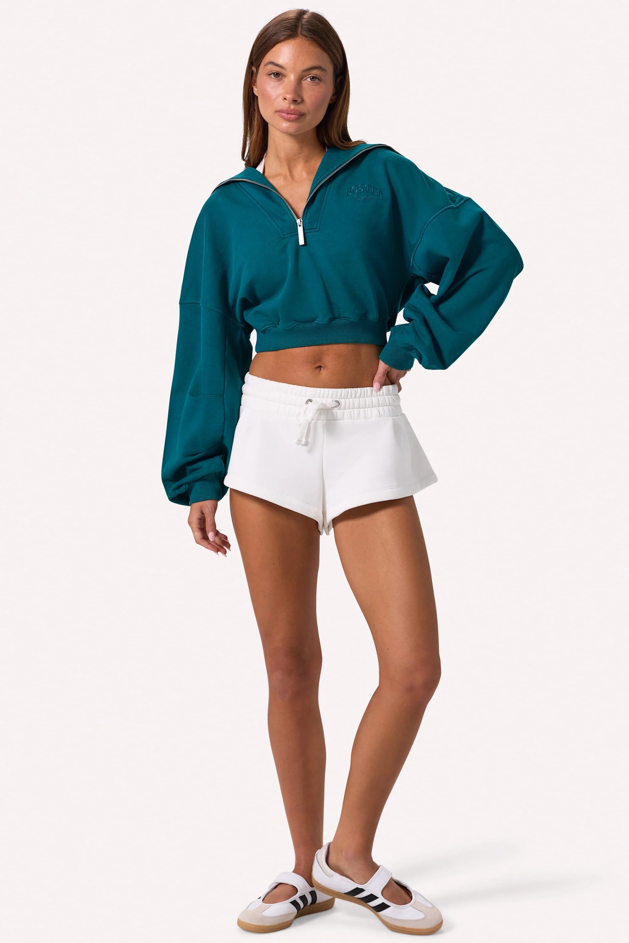 Quarter Zip Cropped Sweatshirt in Teal