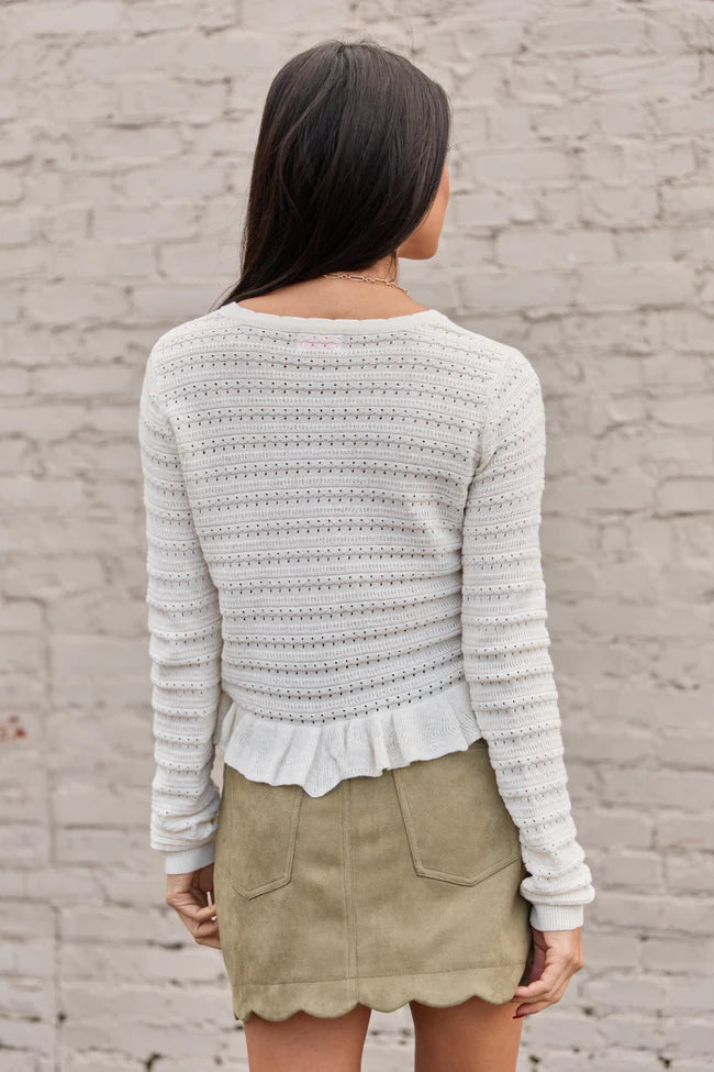 Charlotte Ivory Open Knit Ruffle Trim Sweater SALE