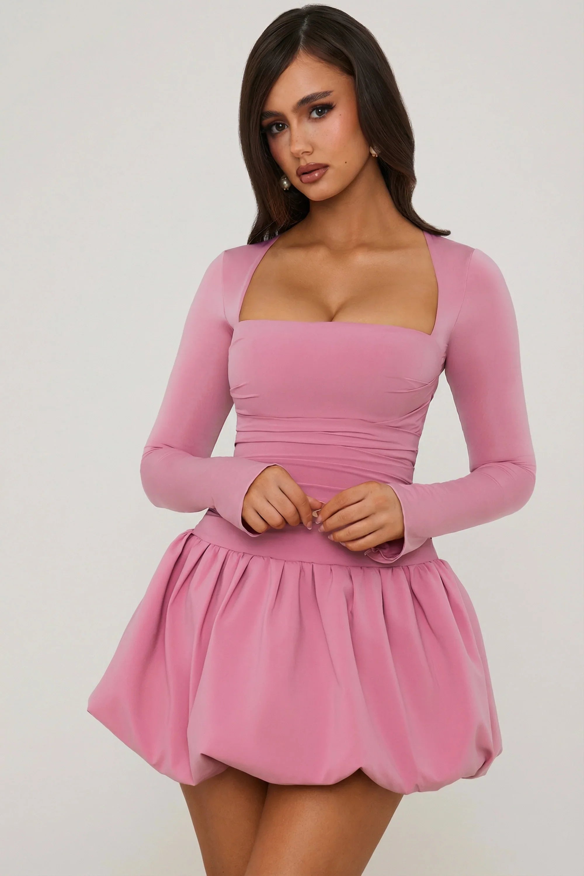 Long Sleeve Bubble Hem Mini Dress in Mauve