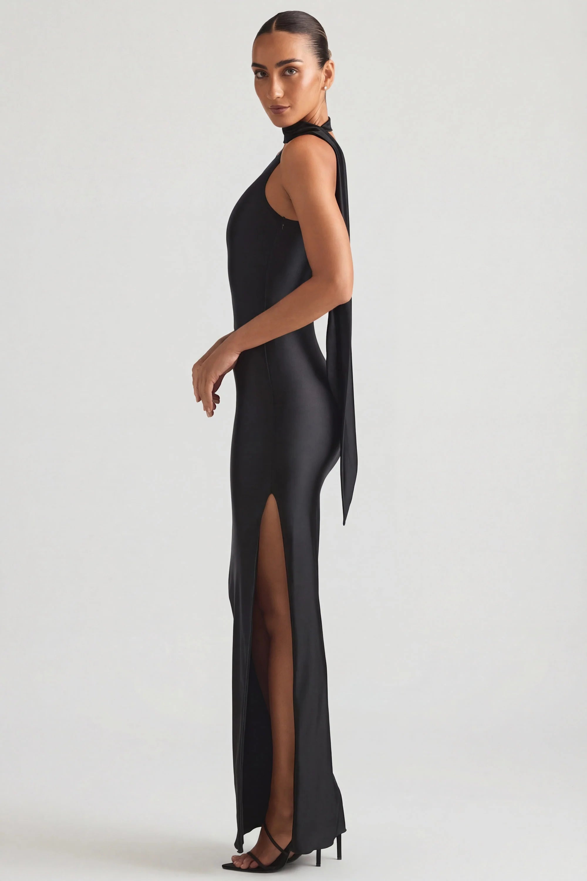 Asymmetric Scarf Detail Maxi Dress in Black