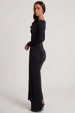 Soft Jersey Boat Neck Tie Gather Maxi Dress in Black
