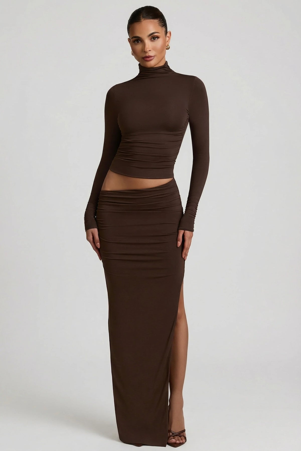 Modal Asymmetric Waist Maxi Skirt in Chocolate Brown