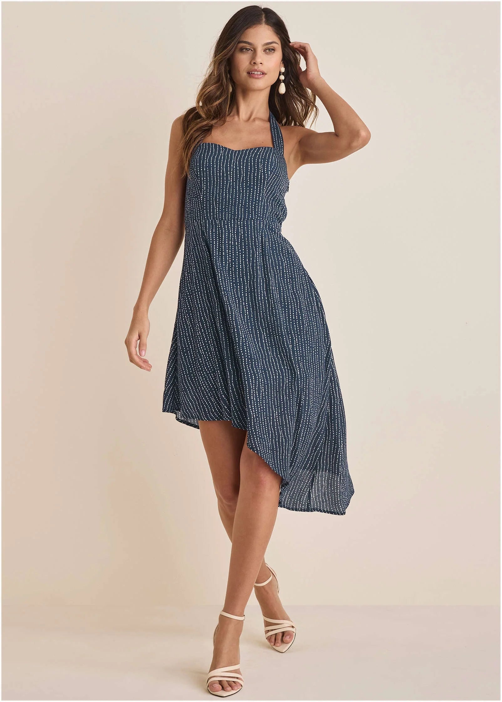 Halter High Low Dress Navy Dot Stripe