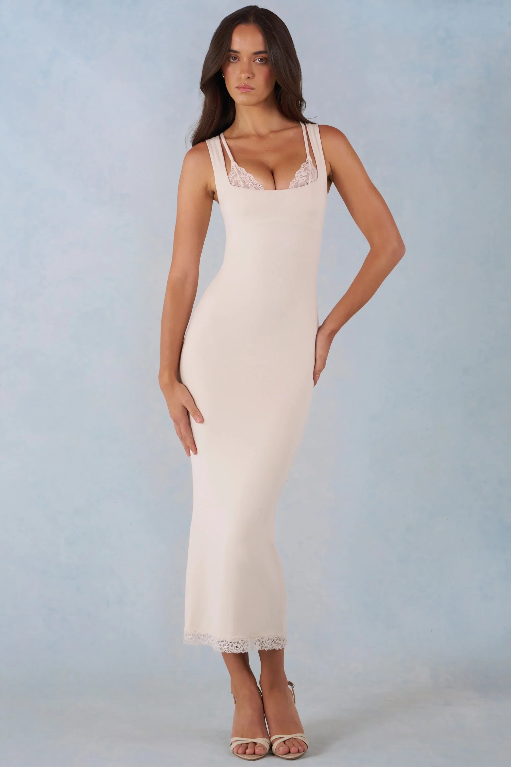 Modal Lace Trim Midaxi Dress in Ivory