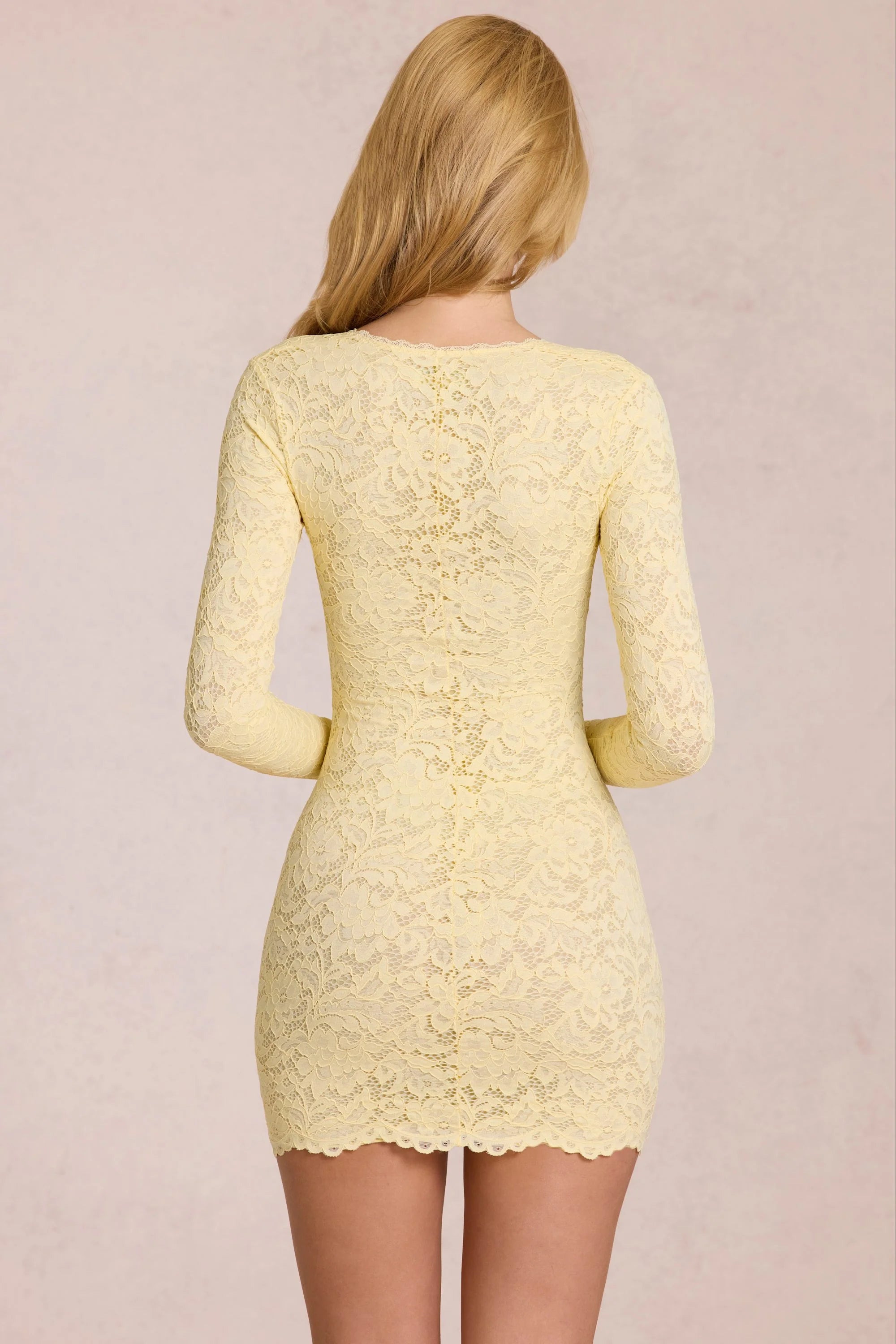 Scalloped Lace Long Sleeve Mini Dress in Lemon Yellow
