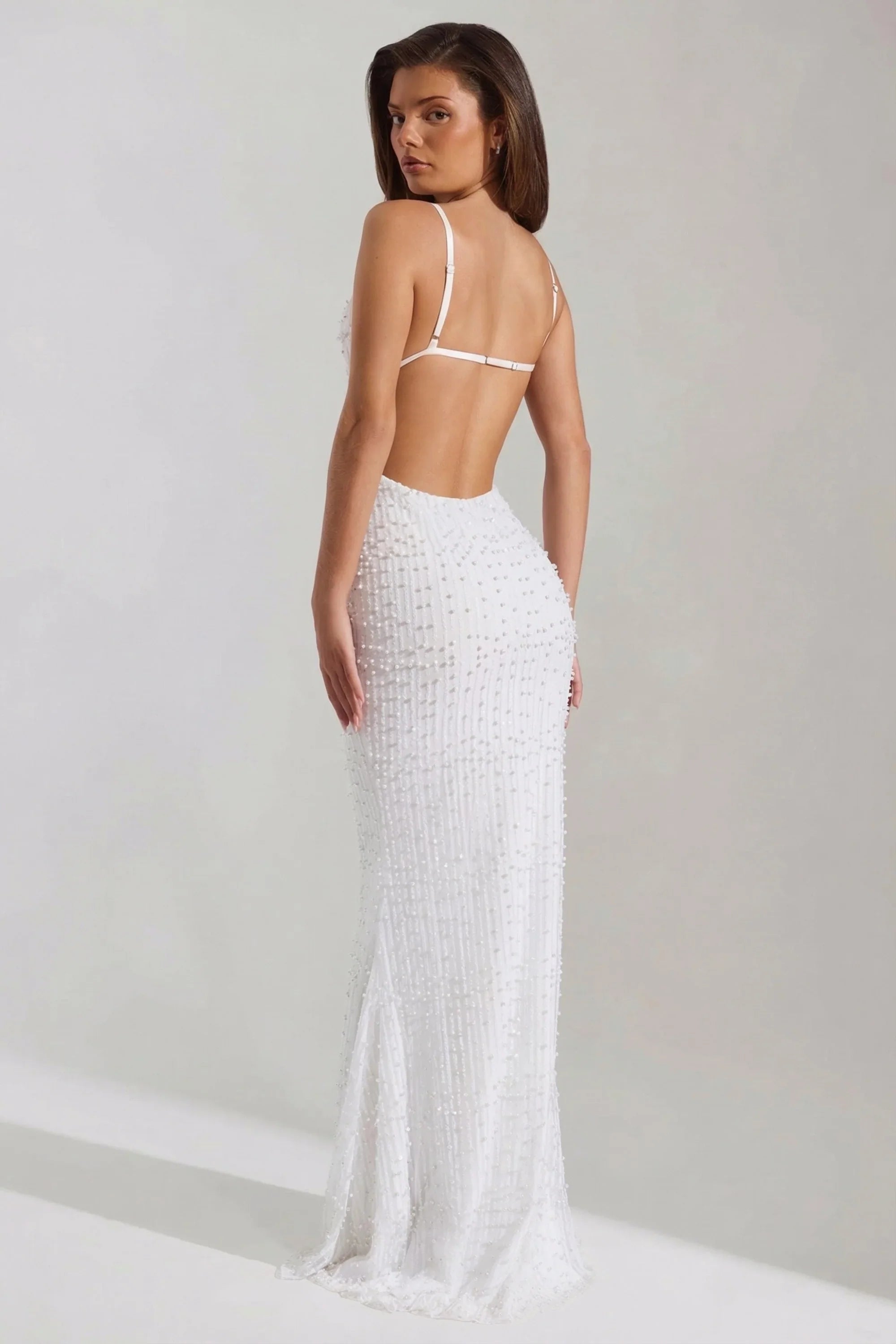 Embellished Cowl Neck Backless Maxi Dress in White