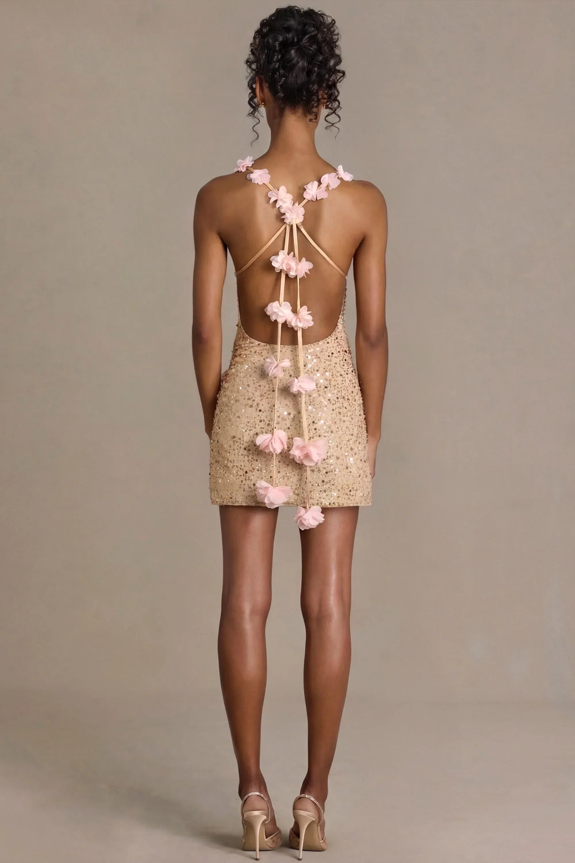 Embellished Open Back Mini Dress in Gold