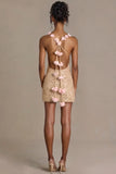 Embellished Open Back Mini Dress in Gold