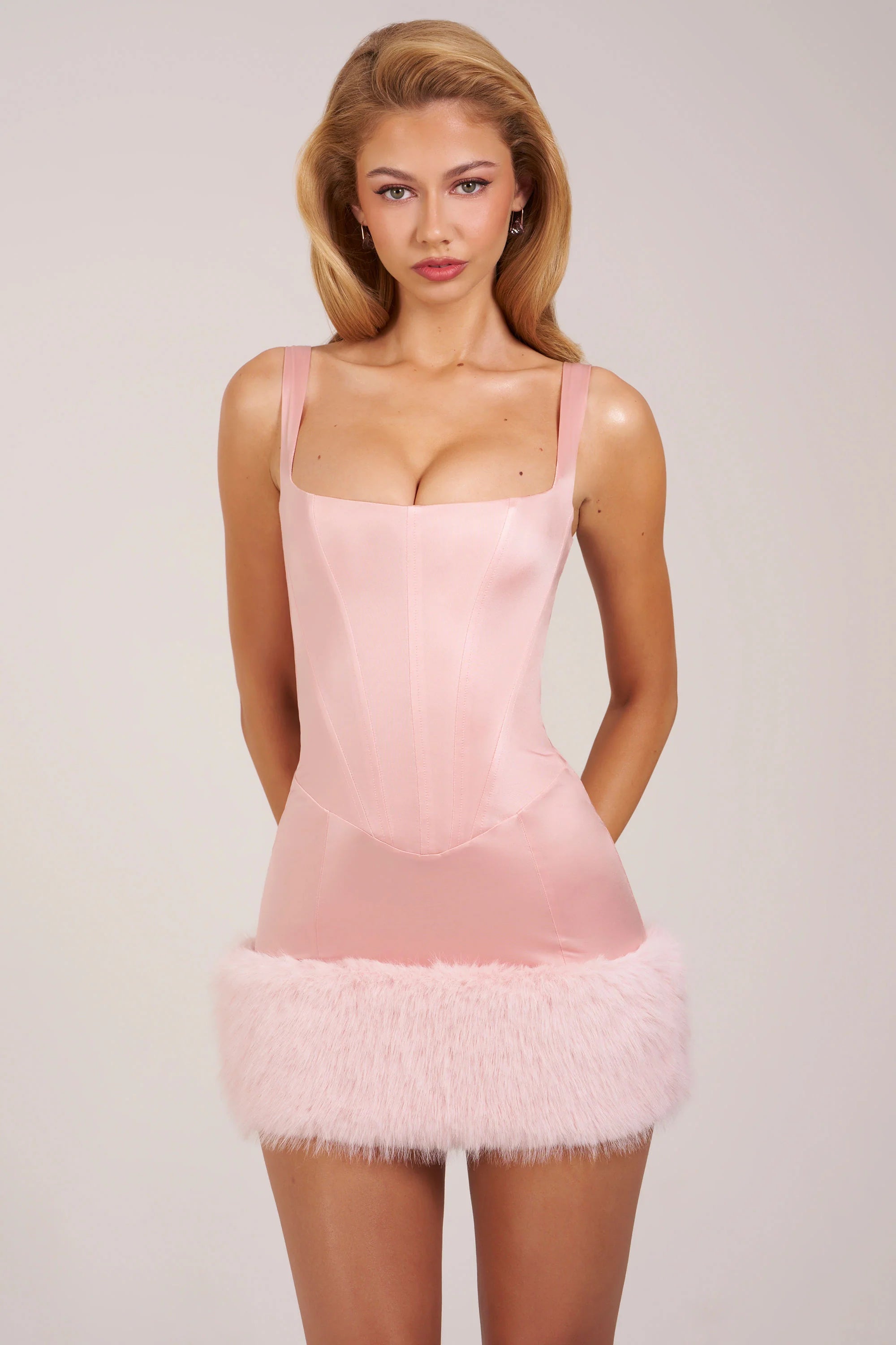 Satin Square Neck Corset Faux Fur Mini Dress in Blush Pink