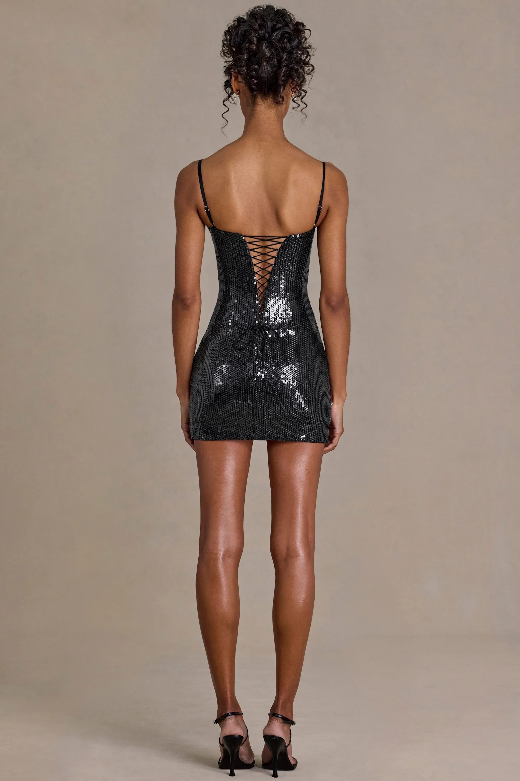 Sequin Lace Corset Mini Dress in Black