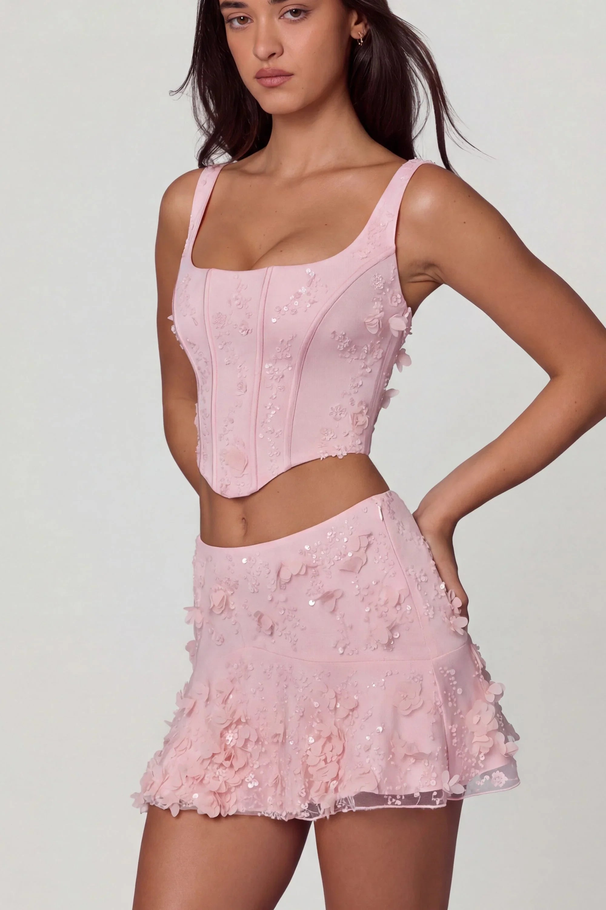 Embellished Mid Rise A Line Mini Skirt in Soft Pink