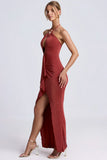 Hardware Detail Cut Out Halterneck Maxi Dress in Auburn Brown