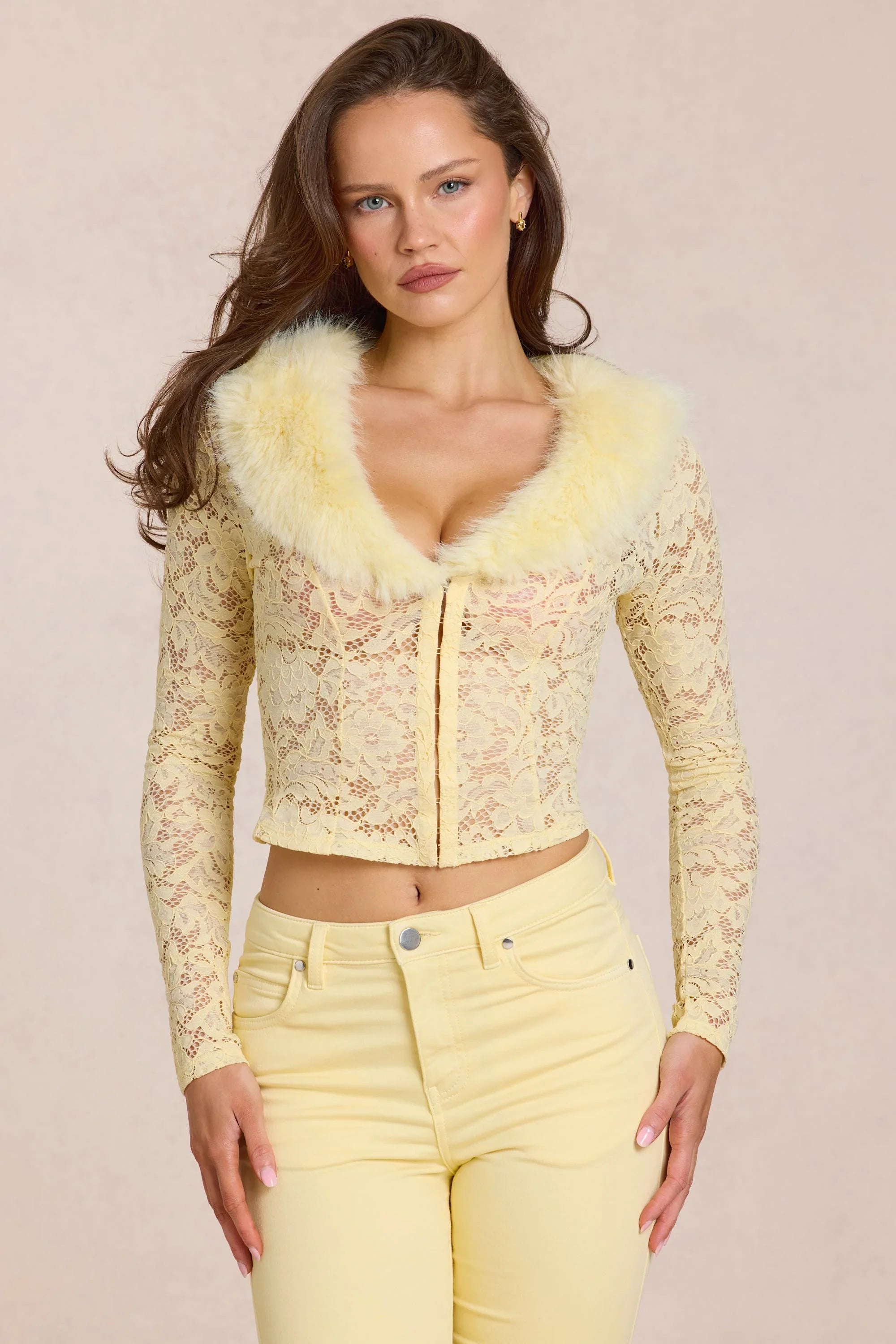 Lace Faux Fur Trim Cardigan in Lemon Yellow