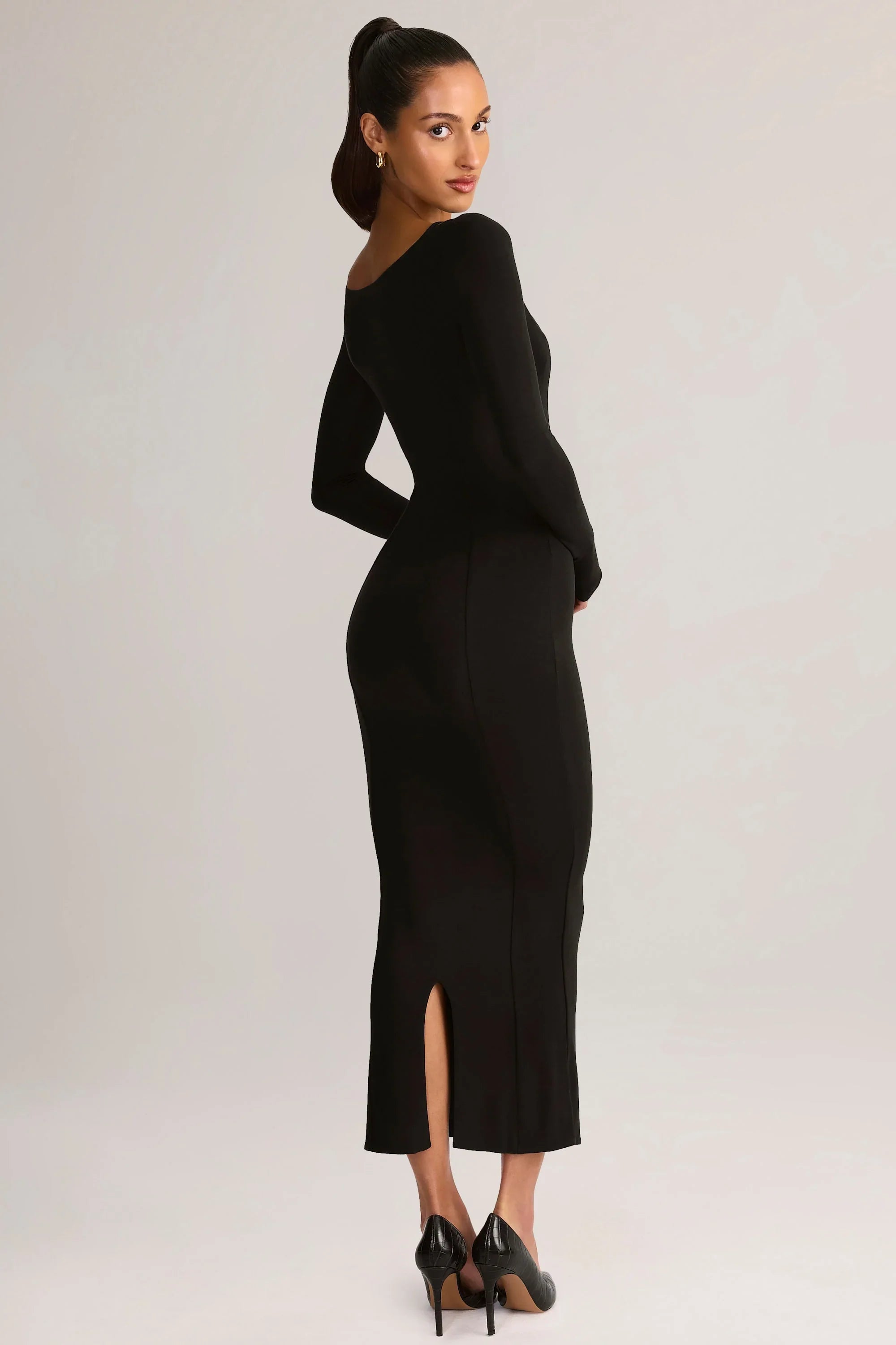 Modal Peekaboo Long Sleeve Midi Dress in Black