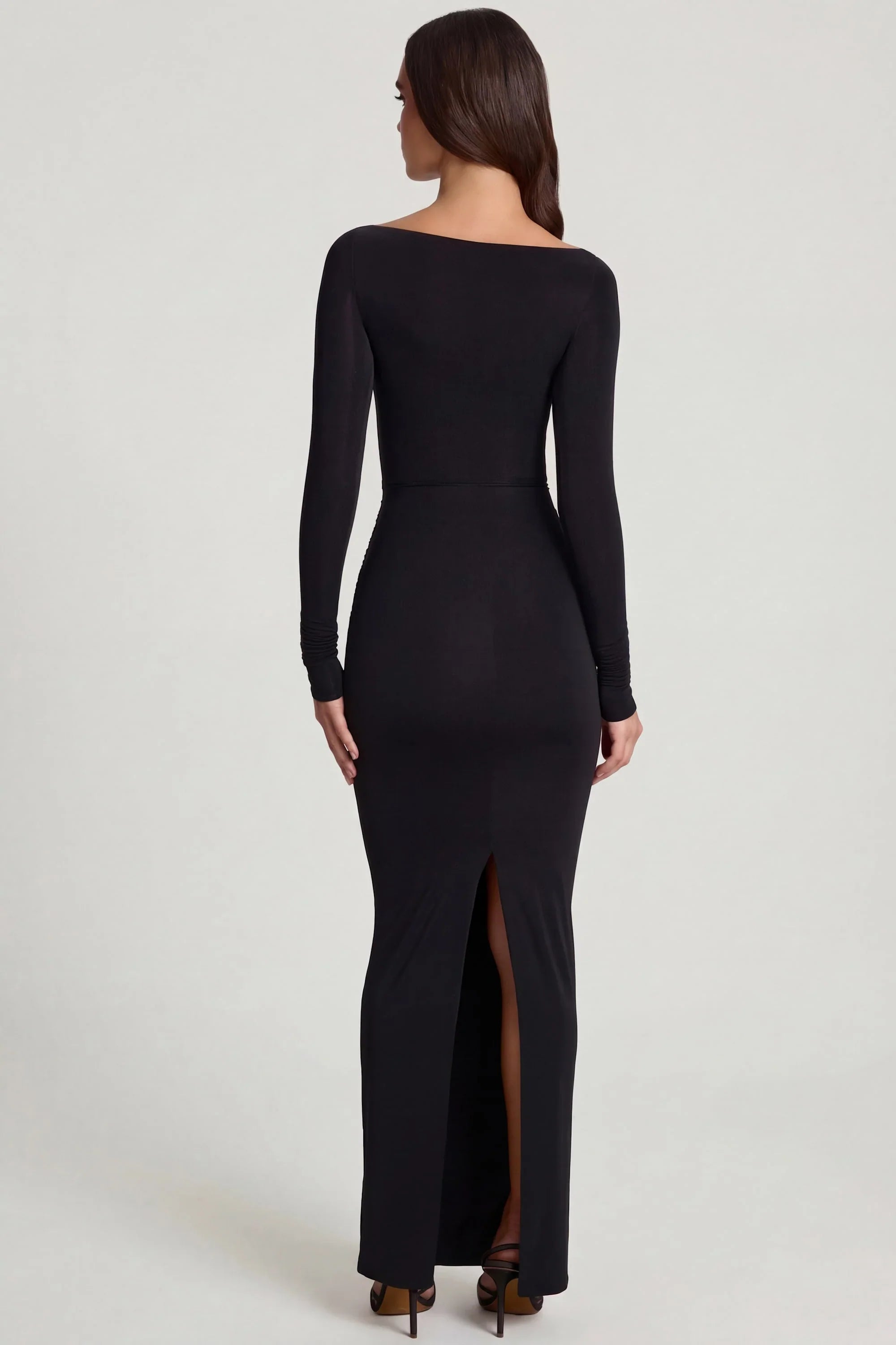 Soft Jersey Boat Neck Tie Gather Maxi Dress in Black