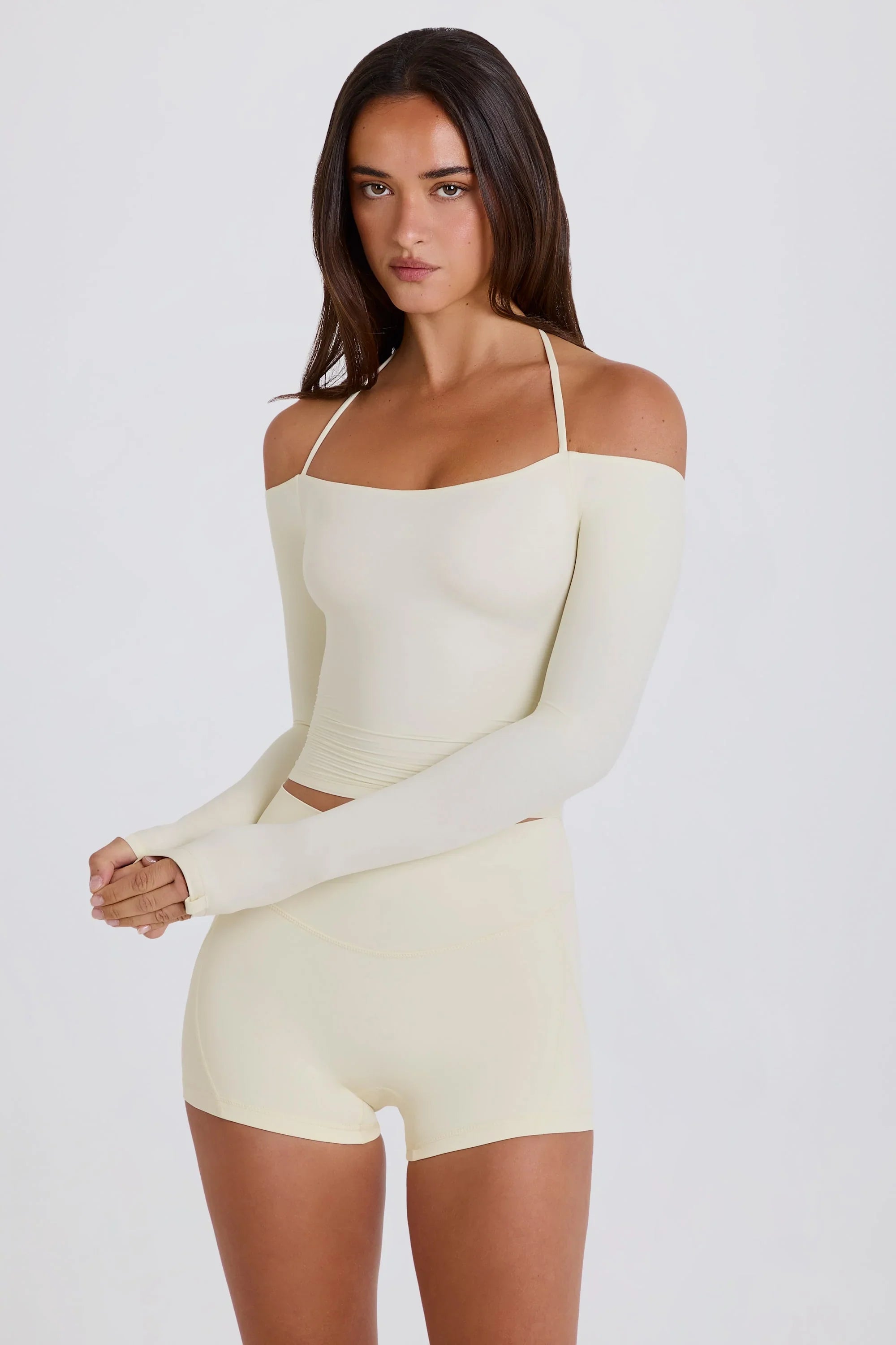 Soft Jersey Off Shoulder Halterneck Longline Top in Cream
