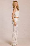 Sheer Lace Mid Rise Flared Trousers in Pearl