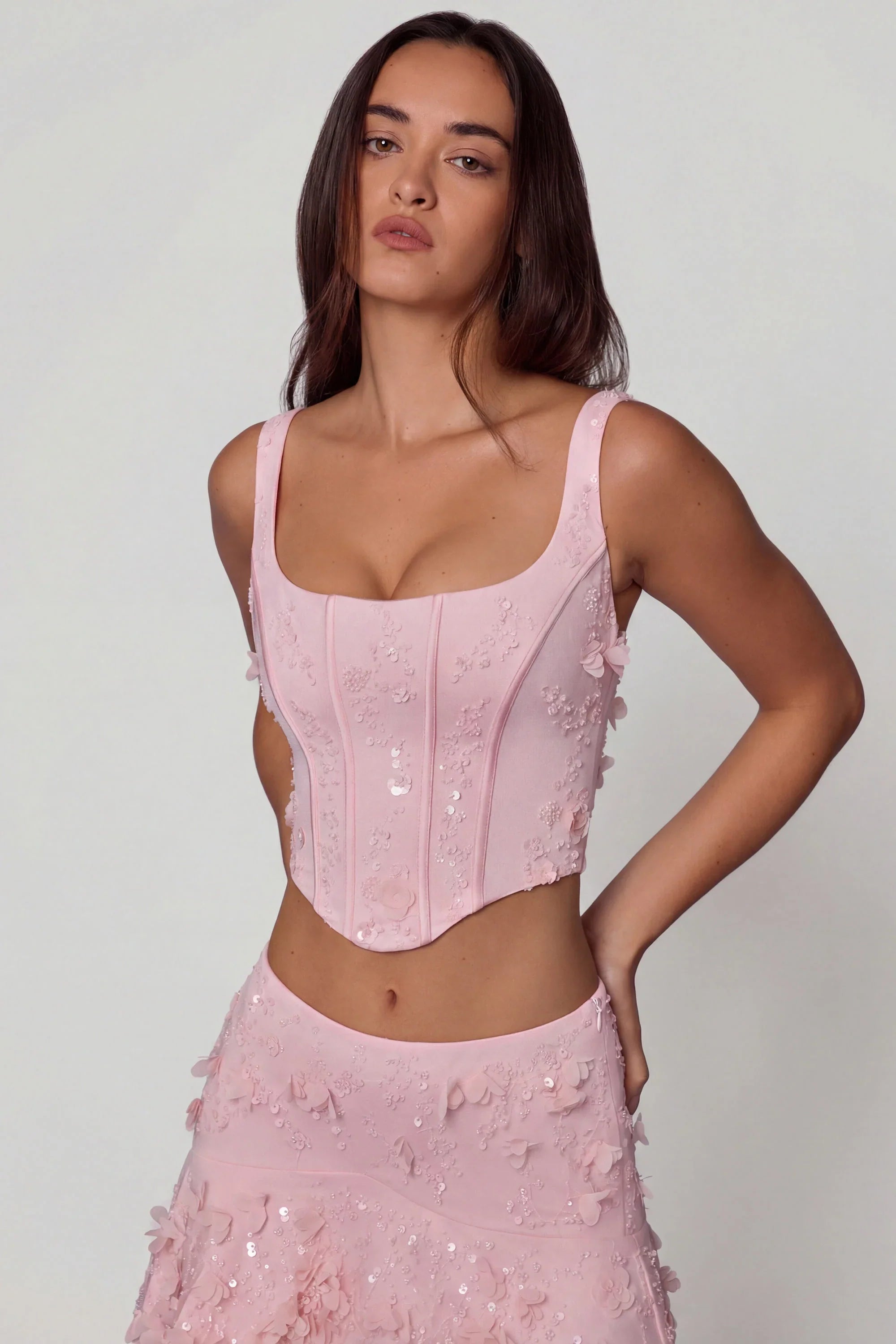 Embellished Lace Up Corset Top in Soft Pink