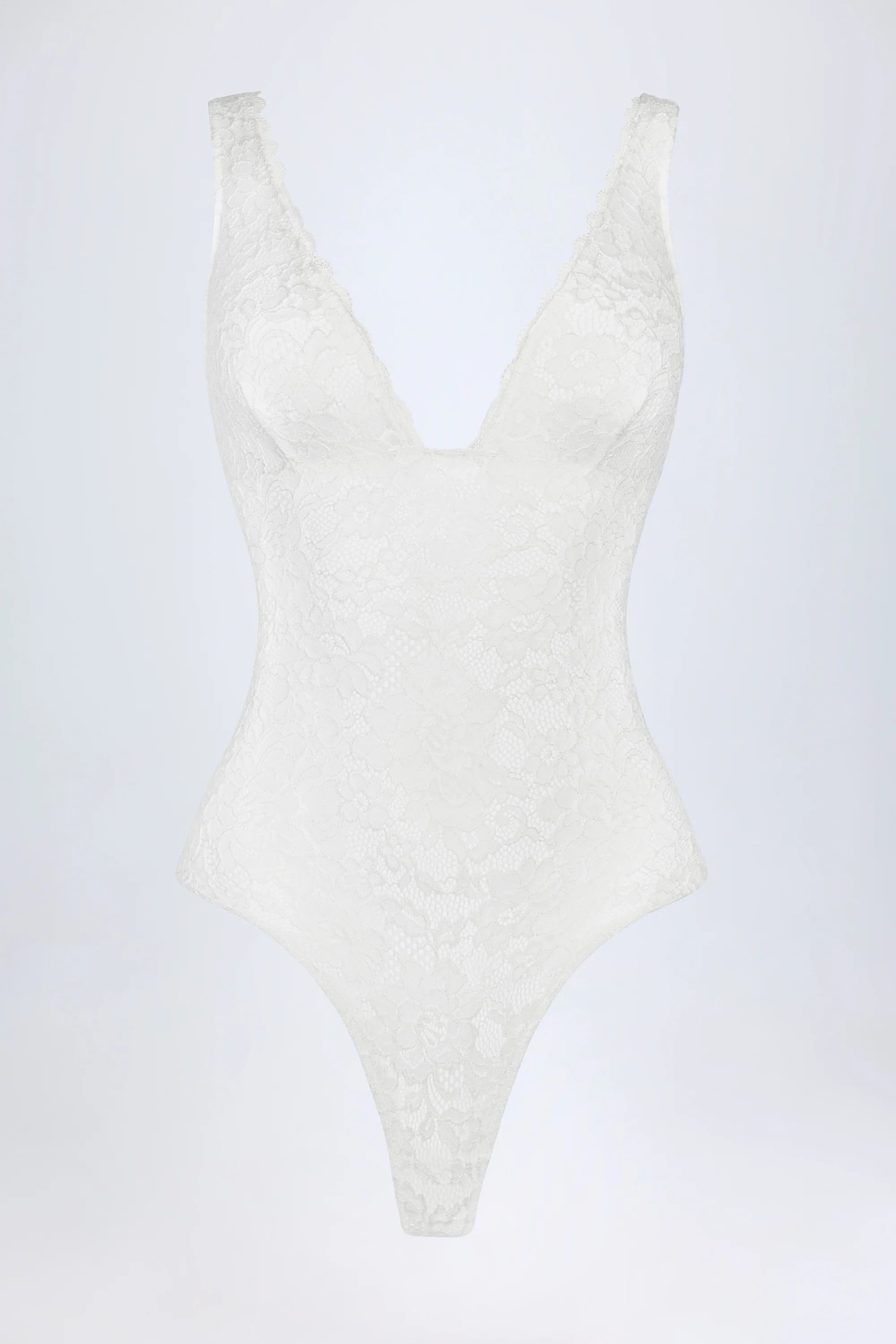 Sheer Lace Scalloped Plunge Neck Bodysuit in White