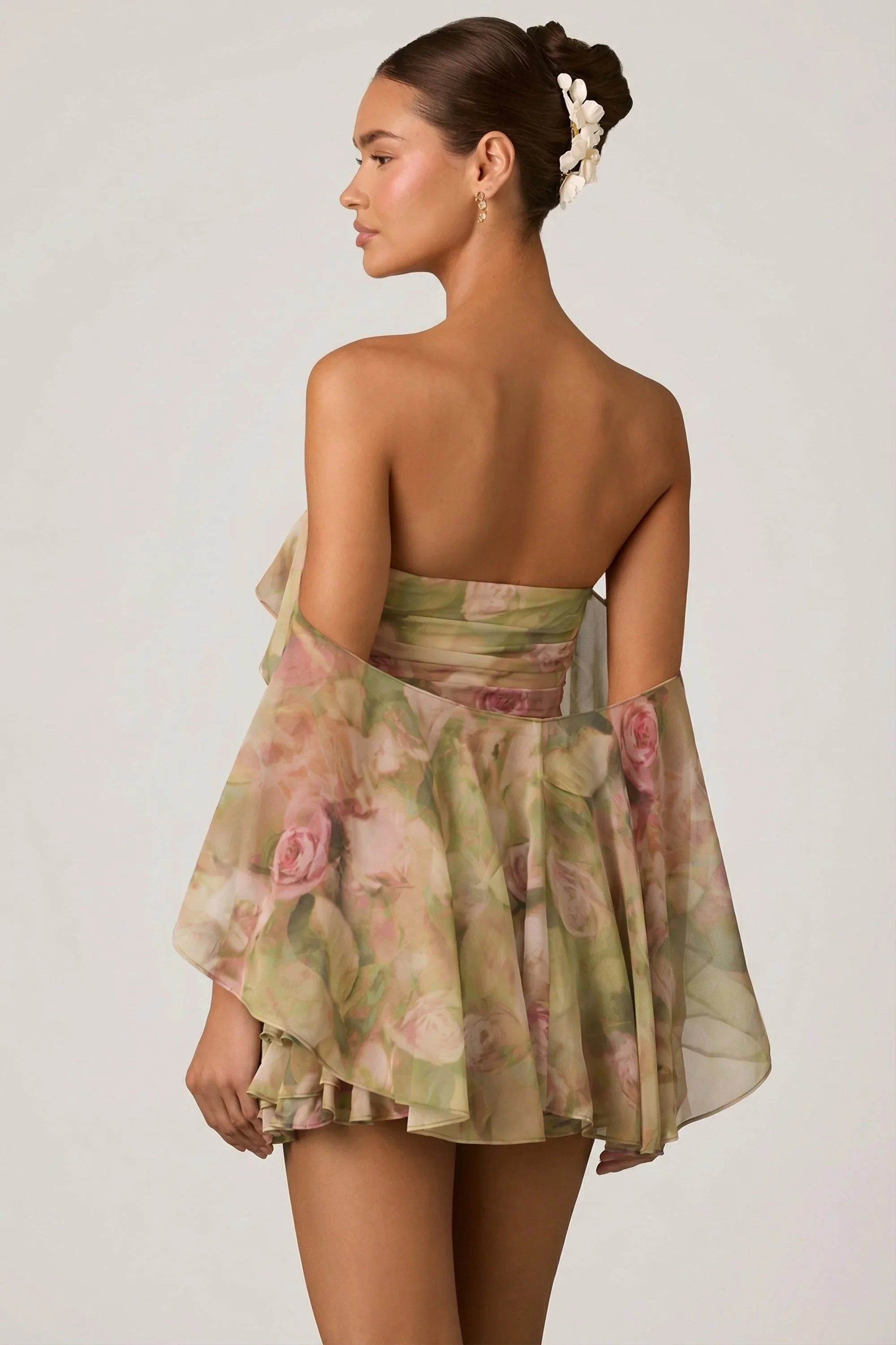 Off Shoulder Ruffled Mini Dress in Floral Multi Print